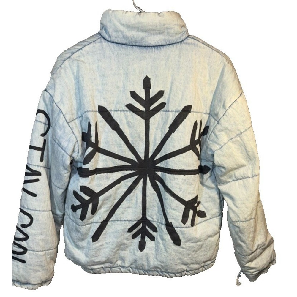 Wren + Glory 'SNOWFLAKE' DENIM PUFFER jacket womens Small front zip grunge punk